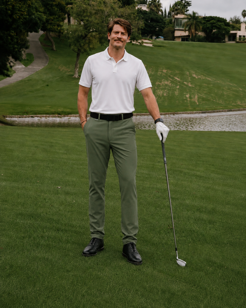 Pantalón de golf verde olivo para caballero con Textura Waffle